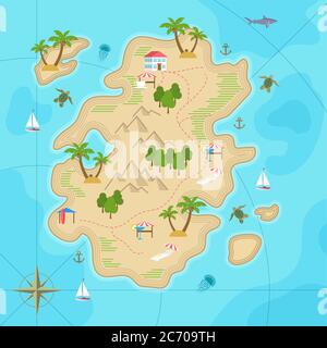 Cartoon tropical island in ocean. Top view exotic island map. Vector game design for app Stock Vector