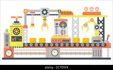 Industrial abstract machine line in flat style. Factory construction machinery technology equipment, engineering vector isolated Stock Vector