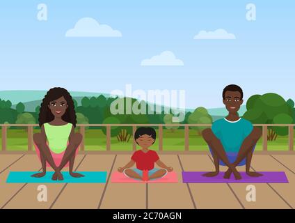 Vector illustration of the african american family meditating on the nature field background Stock Vector