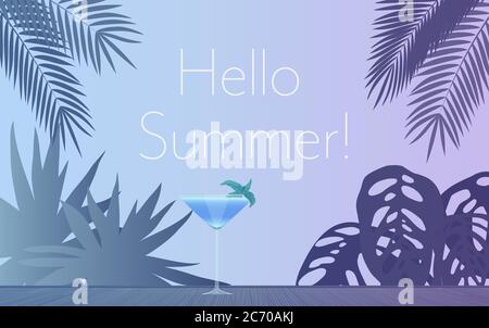 Cocktail Party Invitation Poster. Vector illustration of glass of alcohol cocktail in evening and palm leaves with Hello summer text Stock Vector
