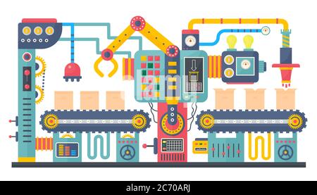 Flat color industrial manufacture conveyor machine vector illustration. Business product process production process concept Stock Vector