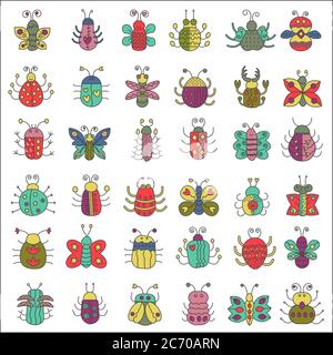 Color flat line insects icons set. Butterfly, bugs collection Stock Vector