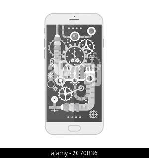 Modern smartphone with different steampunk vintage cogs, gears and scales inside. Vector illustration Stock Vector