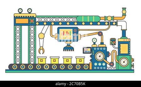 Industrial conveyor belt machine and manufacture machinery factory flat line vector illustration Stock Vector