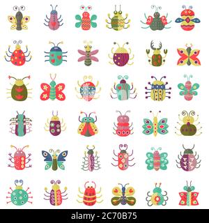 Color flat insects icons set. Simple flat Butterfly, bugs collection Stock Vector