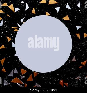 Golden and silver triangle confetti isolated on black background with white drops. Round frame with copy space. Cosmic concept. Stock Photo
