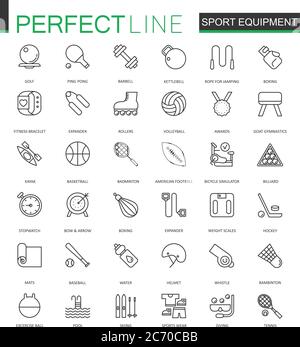 Sport equipment thin line web icons set. Outline stroke icons design Stock Vector