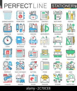 Office stationery - modern flat line concept symbols. Color outline style illustrations set Stock Vector
