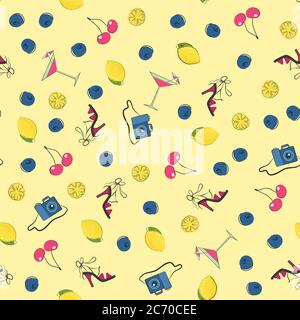 Vector illustration of the cocktail, lemon and berries, heels, and camera seamless pattern Stock Vector