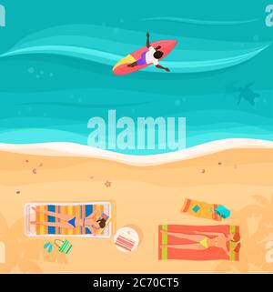 Top view of exotic sea beach with people and surfer. Bright color vector illustration Stock Vector