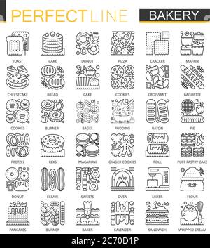 Bakery outline mini concept symbols. Pastry food Modern stroke linear style illustrations set. Food Perfect thin line icons Stock Vector