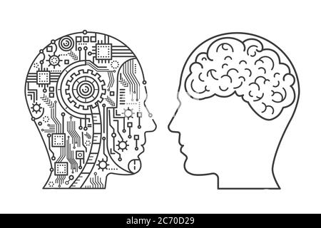 Outline stroke Machinery head of cyborg and the human one with the brain. Line style vector illustration Stock Vector