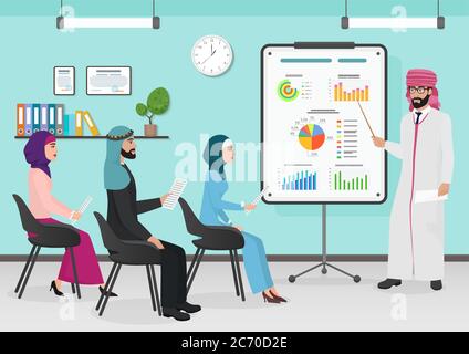 Business Arab muslim people having board presentation meeting in office. Cartoon flat vector Illustration Stock Vector