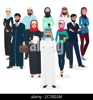 Arab muslim business people teamwork. Arabic cartoon vector illustration Stock Vector