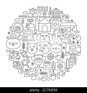 Pet shop concept in circle - concept line vector illustration for cover, emblem, badge. Veterinary outline icons set Stock Vector