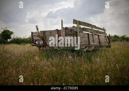 old wooden decaying trailer in field Stock Photo