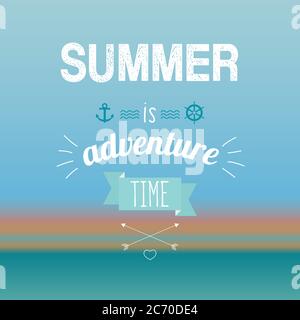 Vector illustration of summer is adventure time text on the turquoise background. Exotic banner, poster, flyer, card, postcard, cover brochure Vector illustration Stock Vector