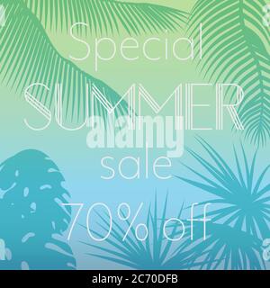 Vector illustration of special summer sale text on the background of palm leaves silhouettes Exotic banner, poster, flyer, card, postcard, cover brochure Stock Vector