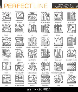 Building and construction outline mini concept symbols. Home repair tools modern stroke linear style illustrations set. Perfect thin line icons Stock Vector