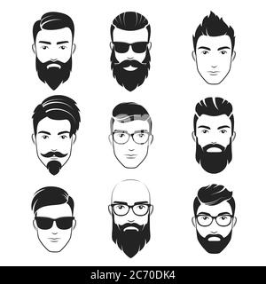 Set of vector bearded hipster men faces. Haircuts, beards, mustaches set. Handsome man emblems icons Stock Vector