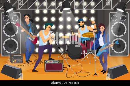Rock band on the stage. Musical group cartoon vector illustration Stock Vector