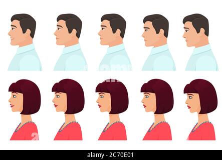 Male and Female profile avatars expressions set. Man and Woman facial profile emotions from sadness to happiness. Cartoon vector illustration Stock Vector