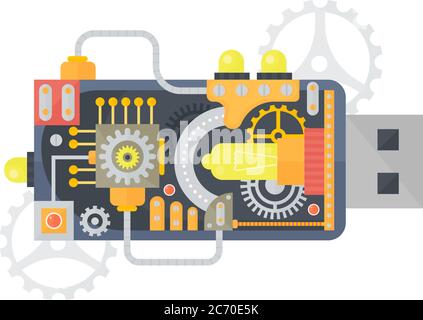 Vector illustration of USB flash drive with different small gears and lamps inside Stock Vector