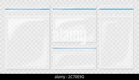 Empty Transparent Plastic Pocket Bags. Blank vacuum zipper bag. polythene container set on the transperant background Stock Vector