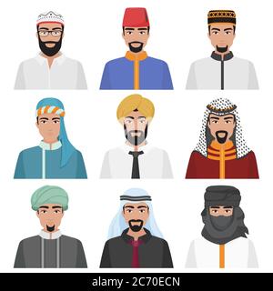 Middle Eastern Men avatar set. Arabian muslim male face collection. Vector illustration Stock Vector