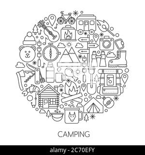 Camping, hiking tools and Equipment in circle - concept line vector illustration for cover, emblem, badge. Outline icons set Stock Vector