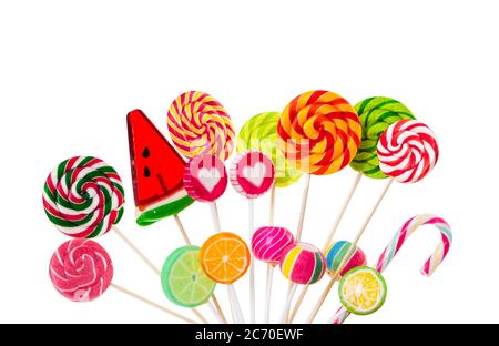 Different colorful lollipops isolated on white background. Stock Photo