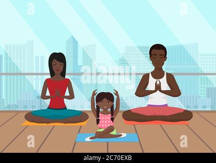 Vector illustration of the black african family meditating in fitness room on the modern city background Stock Vector