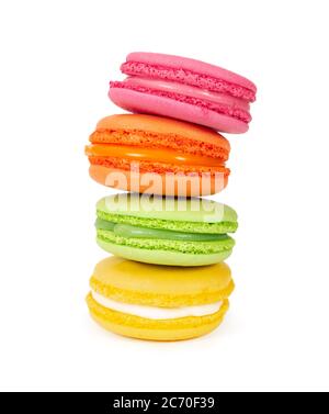 Stack of colorful french macaroons isolated on white background Stock Photo