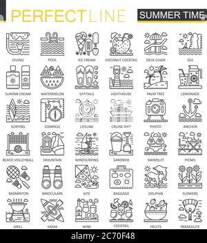 Summer time outline concept symbols. Vacation travel perfect thin line icons. Modern stroke linear style illustrations set Stock Vector