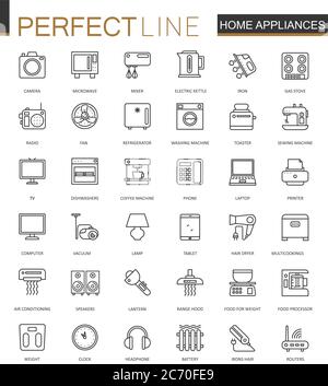 Household appliances thin line web icons set. Outline stroke icons design Stock Vector