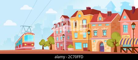 Sunny historical city street. Old city banner with tram. Cartoon vector illustration Stock Vector