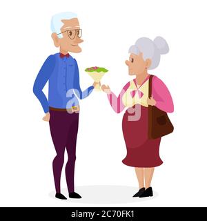 Happy grandparents. Vector cartoon illustration. Grandparents day. Grandpa and grandma standing full length smiling. Elderly couple. Love. Stock Vector