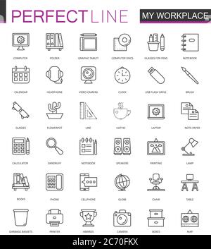 Office workspace thin line web icons set. Outline stroke icons design Stock Vector