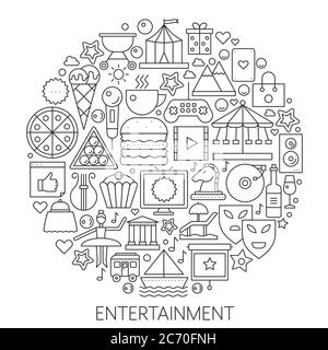 Entertainment infographic icons in circle - concept line vector illustration for cover, emblem, badge. Outline icon set Stock Vector