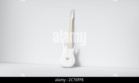 Blank white electric guitar mockup, stand near wall Stock Photo