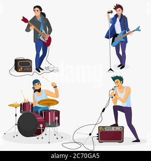 Rock band members isolated. Musical group singer, drummer, guitar player cartoon vector illustration Stock Vector