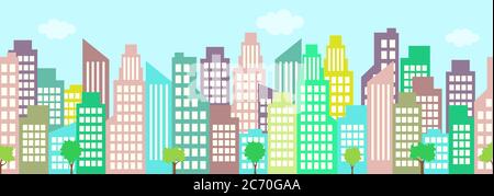 Cityscape, city houses seamless border, urban multi-story building, municipal background, town frame, flat drawing. High-rise skyscrapers, isolated hi Stock Vector