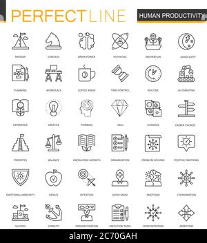 Human productivity thin line web icons set. Task concentration outline stroke icons design Stock Vector