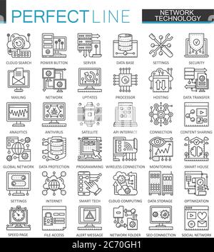 Network technology outline concept symbols. Perfect thin line icons. Big data Modern stroke linear style illustrations set Stock Vector