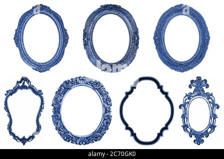 Set of oval Decorative vintage blue wooden frames isolated on white background Stock Photo
