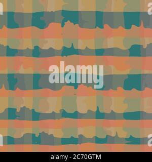 Vector plaid seamless pattern background. Modern organic watercolor brush stroke effect orange teal backdrop. Repeat gingham check style. All over Stock Vector