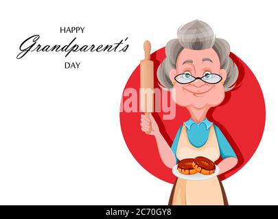 Happy Grandparents day greeting card. Cute smiling old woman. Cheerful grandmother cartoon character holding tasty donuts. Vector illustration Stock Vector
