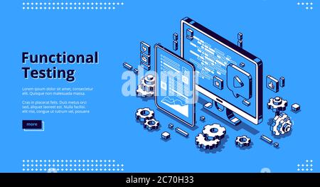 Software testing isometric landing page. Functional test, mobile application and website platform development, dashboard usability optimization for computer and tablet pc 3d vector line art web banner Stock Vector