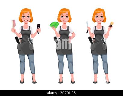 Beautiful redhead girl hairdresser, set of three poses. Cute woman barber holds electric shaver, holds money and holds straight razor. Female hairstyl Stock Vector