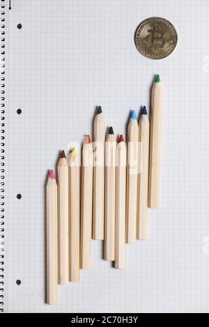 Imaginary bitcoin chart shown with color pencils on a white notebook. Cryptocurrency trading and investment. Stock Photo